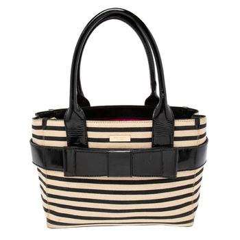 kate spade tote单肩包, [二手商品] Kate Spade | Kate Spade Black/Beige Striped Canvas and Patent Leather Bow Tote商品图片 6.6折