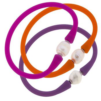 商品Bali Freshwater Pearl Silicone Bracelet Stack Of 3 In Magenta, Orange & Purple图片