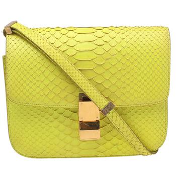推荐Celine Neon Yellow Python Leather Medium Box Shoulder Bag商品