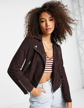 推荐AllSaints Caden suede biker jacket in brown商品