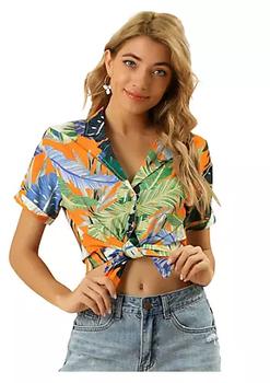 推荐Women's Hawaiian Shirts Leaves Printed Short Sleeve Tropical Button Down Shirt商品