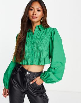 美国Topshop, Topshop | Topshop 70s collar shirred poplin shirt in green商品图片 