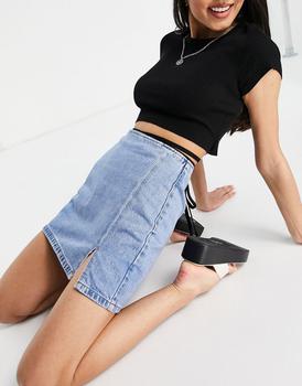 推荐Pull&Bear denim a-line skirt with split detail in blue商品