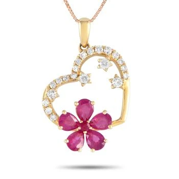 LB Exclusive | 14K Yellow Gold 0.20ct Diamond and Ruby Heart and Flower Necklace PH4-10098YRU,商家Premium Outlets,价格¥4051