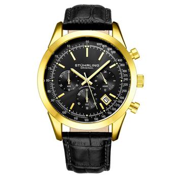 推荐Men's Quartz Chronograph Date Black Alligator Embossed Genuine Leather Strap Watch 44mm商品