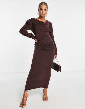 asos design, ASOS | ASOS DESIGN slinky drape shoulder midi dress in chocolate商品图片 