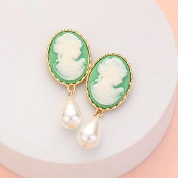 FASHNZFAB | Teardrop Pearl Dangle Cameo Earrings - Green,商家Premium Outlets,价格¥156