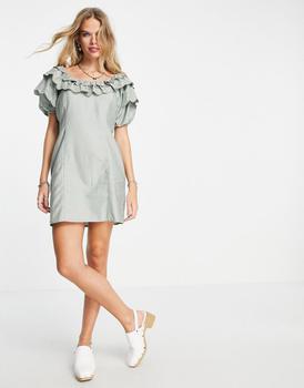 推荐Topshop broderie bardot mini dress in sage商品