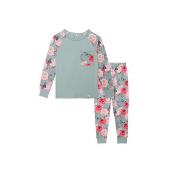 商品Girl Organic Cotton Two Piece Printed Pajama Set Blue Roses & Butterflies - Child图片