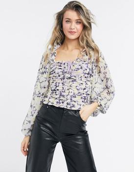 Free People | Free People mabel structured blouse with lace up front in floral商品图片,4.5折