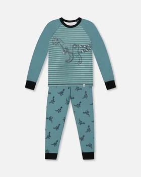 Deux par Deux | Organic Cotton Long Sleeve Two Piece Pajama Set Teal With Mechanical Dinosaurs Print,商家Premium Outlets,价格¥369