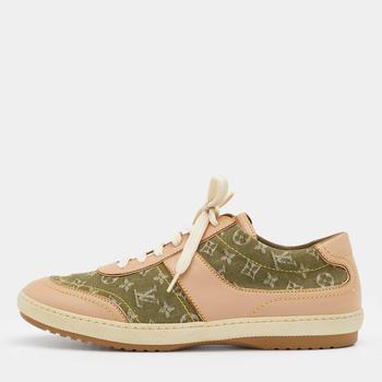 lv低帮鞋, [二手商品] Louis Vuitton | Louis Vuitton Green/Beige Monogram Denim And Leather Low Top Sneakers Size 38.5商品图片 6.7折