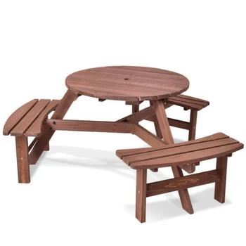 Hivvago | 6 Person Wooden Picnic Table Set with Bench and Umbrella Hold,商家Premium Outlets,价格¥2198