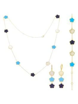 JanKuo | Flower 3-Piece 14K Goldplated, Mother of Pearl, Synthetic Sapphire & Agate Set,商家Saks OFF 5TH,价格¥1423