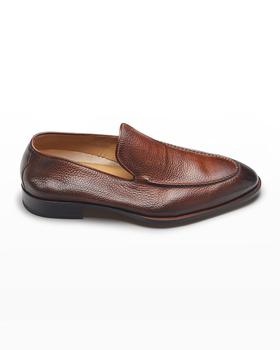 推荐Men's Almond-Toe Burnished Leather Loafers商品