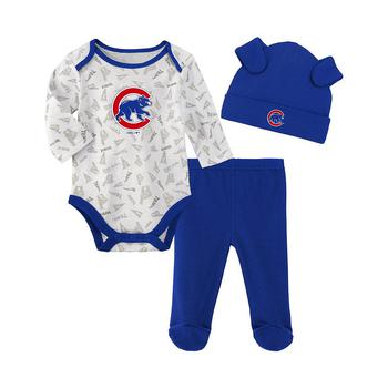 推荐Newborn and Infant Boys and Girls White, Blue Chicago Cubs Greatest Lil Player Bodysuit Pants and Knit Hat Set商品