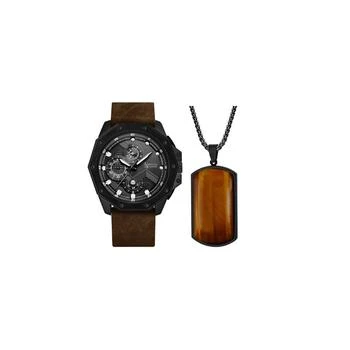 推荐Men's Analog Brown Leather Watch 48mm Gift Set, 2 Pieces商品