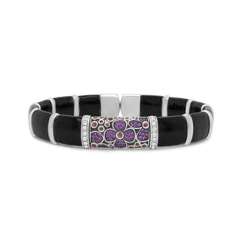 Haus of Brilliance | .925 Sterling Silver Black and Brown Enamel 1/3 Cttw Round Diamonds and Pink and Orange Sapphire Gemstones Floral Statement Bangle Bracelet,商家Premium Outlets,价格¥34580