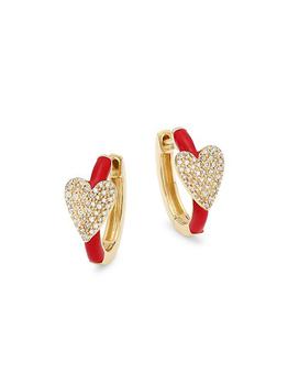 商品Nina Gilin | 14K Yellow Gold, Diamond & Red Enamel Heart Huggie Hoop Earrings,商家Saks Fifth Avenue,价格¥13027图片