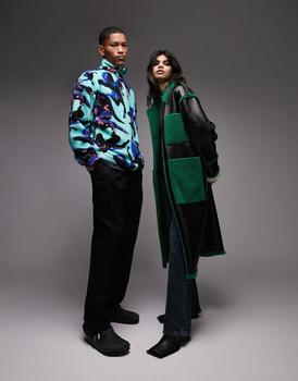 Topshop | Topshop reversible oversized bonded borg coat in black and green商品图片,