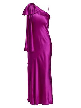 商品Purple Silk Satin 1 Shoulder Dress With Bow Detail图片