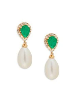Effy | 14K Yellow Gold, 7MM Freshwater Pearl, Emerald & Diamond Drop Earrings 2.9折×额外9折, 独家减免邮费, 额外九折