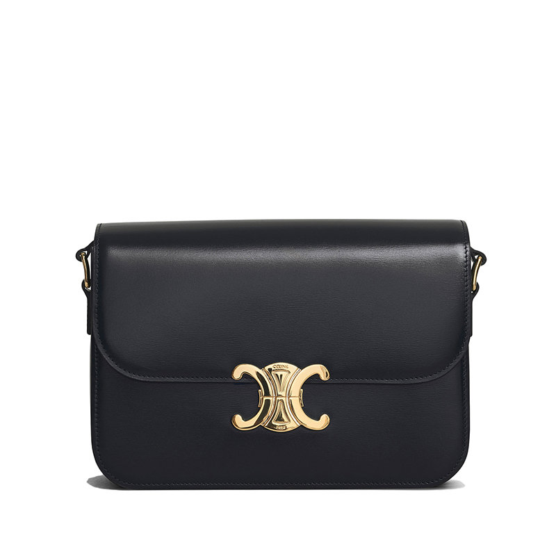 gancini经典款, Celine | 【包税】CELINE/赛琳 经典款TRIOMPHE系列 女士中号黑色亮泽牛皮革金扣单肩斜跨包187363BF4.38NO商品图片 包邮包税