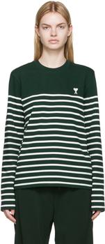 AMI | SSENSE Exclusive Green & White Stripe Long Sleeve T-Shirt商品图片,7.4折