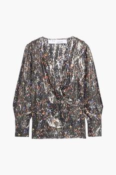 IRO | Milana wrap-effect printed silk-blend lamé blouse商品图片,1.4折