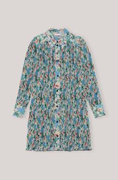 ganni floral pleated shirtdress, Ganni | Pleated Georgette Wide Mini Shirt Dress In Floral Azure Blue商品图片 6折