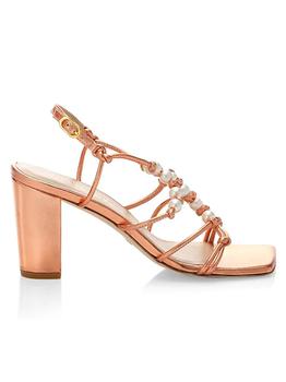 stuart weitzman凉鞋代购, Stuart Weitzman | Pearl Knot Metallic Leather Block-Heel Sandals商品图片 3.7折