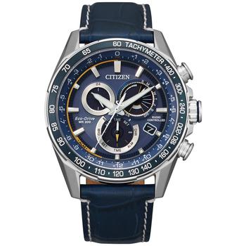 推荐Eco-Drive Men's Chronograph PCAT Blue Leather Strap Watch 43mm商品
