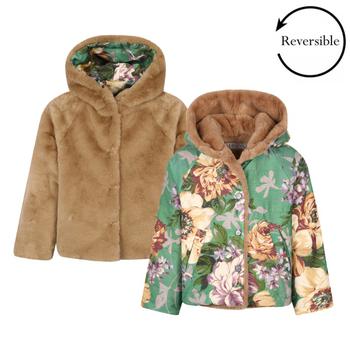 推荐Reversible floral print faux fur jacket in light brown and green商品