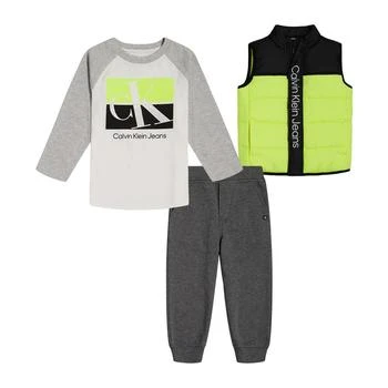 推荐Little Boys Raglan Sleeve Logo T-shirt, Colorblock Puffer Vest and Fleece Joggers, 3 Piece Set商品