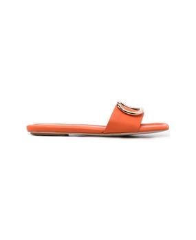 商品Twin Set Woman's Orange Leather Slide Sandals With Logo Plate图片