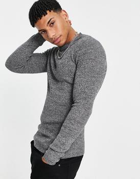 asos design, ASOS | ASOS DESIGN knitted muscle fit rib turtle neck jumper in grey twist商品图片 