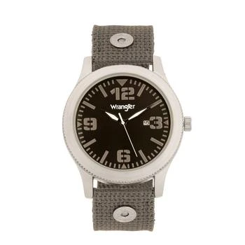 Wrangler | Men's Watch, 57MM Silver Colored Case with Black Dial, Black Arabic Numerals with White Hands, Green Nylon Strap with Rivets, White Second Hand 