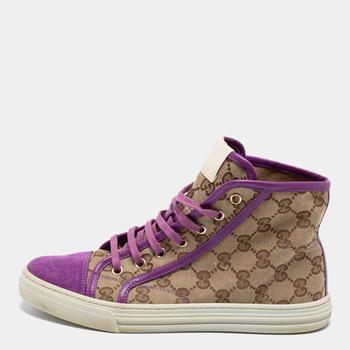 古驰高帮鞋, [二手商品] Gucci | Gucci Beige/Pink GG Canvas And Suede High Top Sneakers Size 36商品图片 