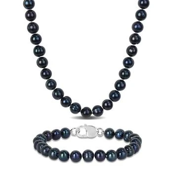 Amour | Men's 2-Piece Set 8-8.5mm Black Cultured Freshwater Pearl Necklace and Bracelet with Sterling Silver Clasps - 20in & 9in,商家Jomashop,价格¥1098