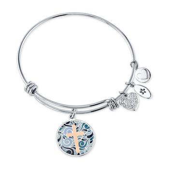 Unwritten | Cross Message & Heart Charm Bangle Bracelet in Stainless Steel & Rose Gold-Tone with Silver Plated Charms商品图片,
