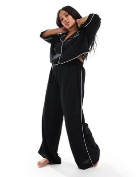 ASOS | ASOS DESIGN Curve super soft slinky wide leg pyjama trouser in black with contrast binding,商家ASOS,价格¥118
