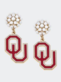商品University of Oklahoma Logo Pearl Cluster Enamel Drop Earrings In Crimson & White图片