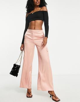 product Miss Selfridge satin wide leg cargo trousers in light pink image