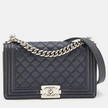 [二手商品] Chanel | Chanel Blue Quilted Perforated Leather Medium Boy Flap Bag商品图片,5.9折