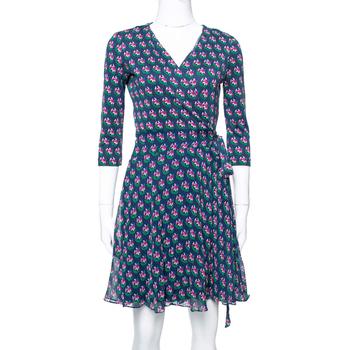 product Diane von Furstenberg Navy Blue Floral Print Silk Irina Wrap Dress S image