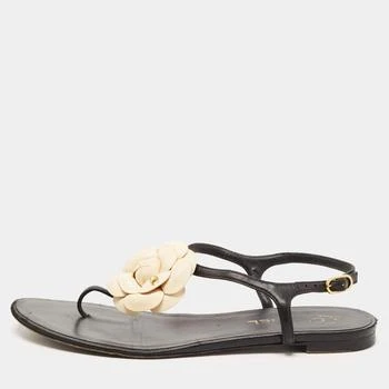 推荐Chanel Black Leather CC Camelia Thong Flat Sandals Size 41商品