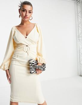 ASOS | ASOS DESIGN long sleeve cupped ring midi pencil dress in stone商品图片,5.5折