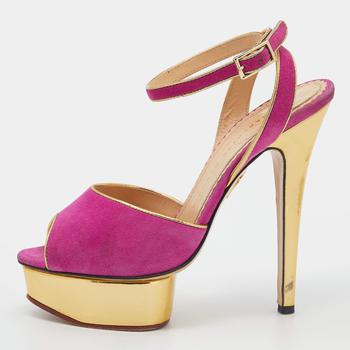 Charlotte Olympia, [二手商品] Charlotte Olympia | Charlotte Olympia Pink Suede Serena Ankle Strap Platform Sandals Size 37商品图片 6.8折, 满1件减$100, 满减