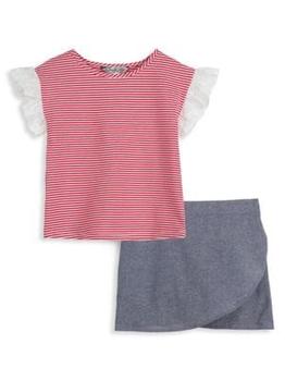 推荐Little Girl's 2-Piece Striped Top & Skort Set商品