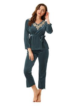 商品Women's Velvet V Neck Lace with Belted Soft Pj Night Suit Sleepwear Waistband Adjustable Tie Closure 2pc Pajama Sets图片